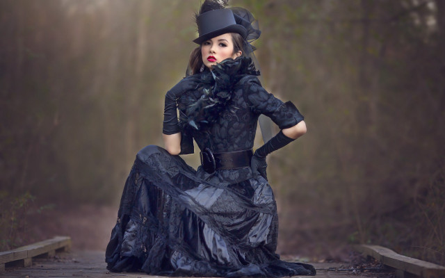 Woman black dress hat woods free wallpaper for desktop - medium preview image