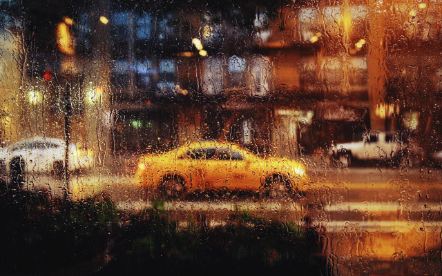 Yellow car rainy street umbrella free wallpaper for desktop - medium preview image