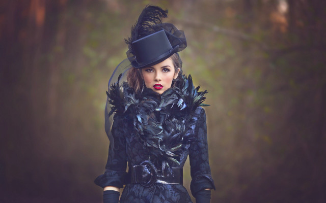 Gothic fashion portrait blackdress featherhat free wallpaper for desktop - medium preview image