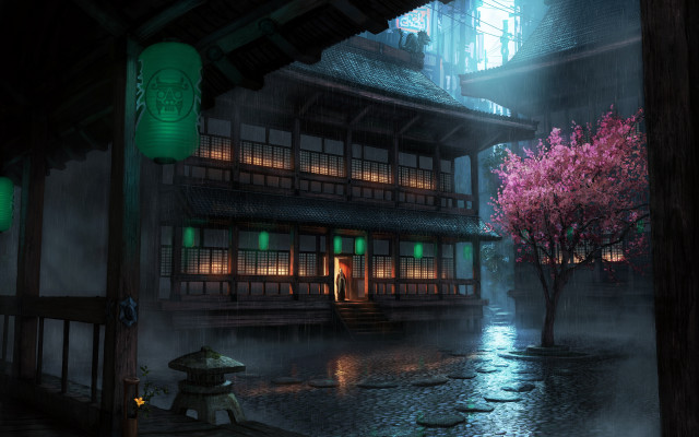Japanese house rain night lantern free wallpaper for desktop - medium preview image