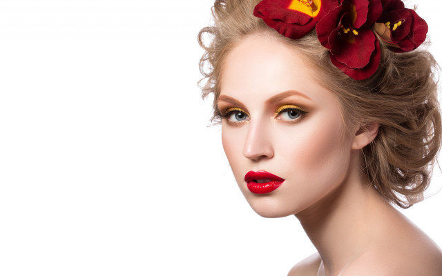 Red lipstick flower hair photorealistic free wallpaper for desktop - medium preview image