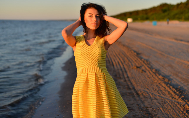 Woman yellow dress beach ocean free wallpaper for desktop - medium preview image