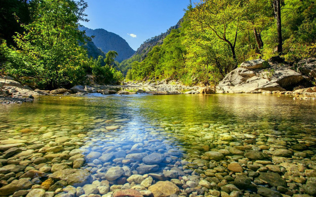 River rocks trees blue sky free wallpaper for desktop - medium preview image