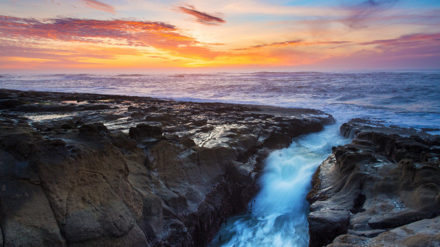 Sunset rocky beach waterfall ocean #2 free wallpaper for desktop - medium preview image