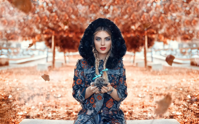 Woman cat bench park autumn free wallpaper for desktop - medium preview image