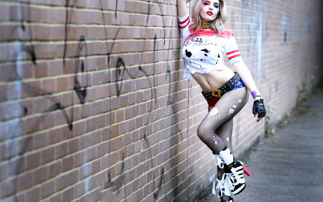 Woman cosplay brick wall graffiti free wallpaper for desktop - medium preview image