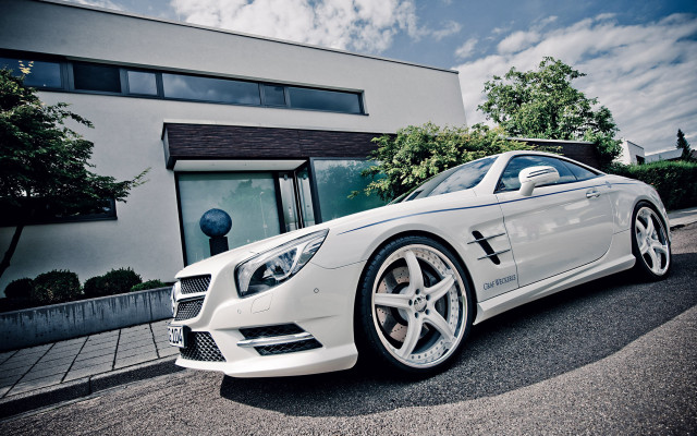 White mercedes sls cloudy sky free wallpaper for desktop - medium preview image