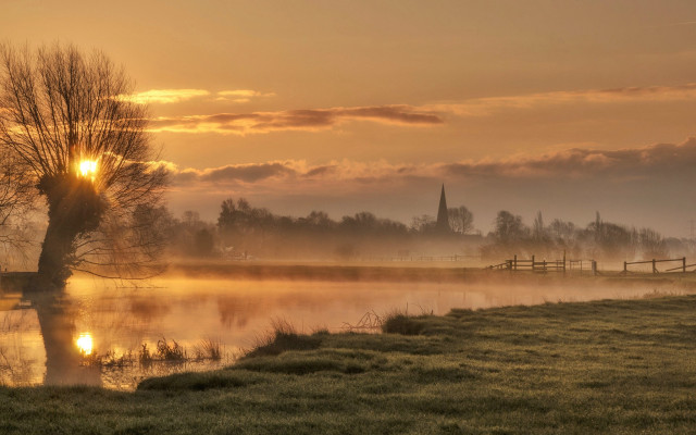 Foggy sunrise lake tree church free wallpaper for desktop - medium preview image