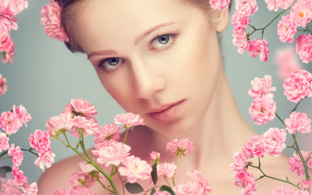 Blue eyes pink flowers smiling free wallpaper for desktop - medium preview image