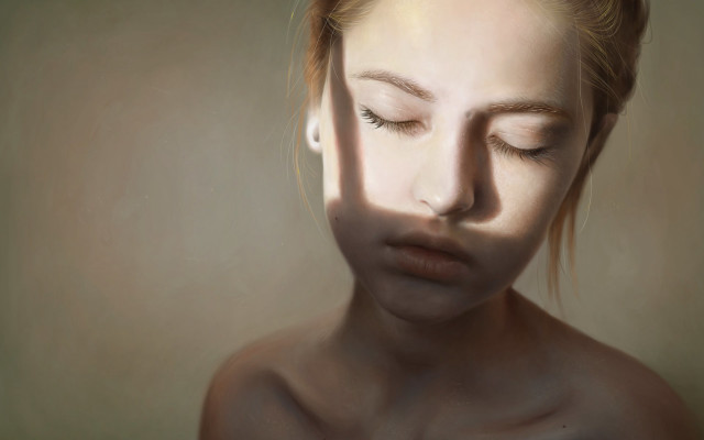 Woman closedeyes bun hyperrealism portrait free wallpaper for desktop - medium preview image