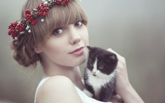 Woman cat flower bird portrait free wallpaper for desktop - medium preview image