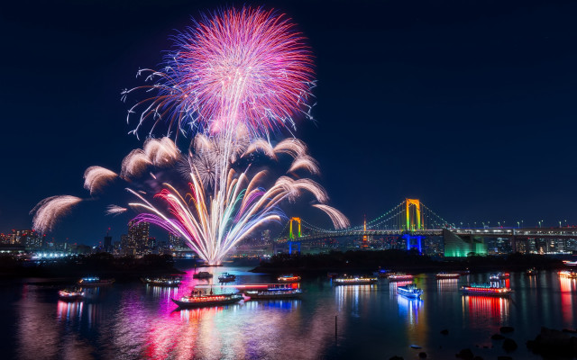 Fireworks city night bridge river free wallpaper for desktop - medium preview image