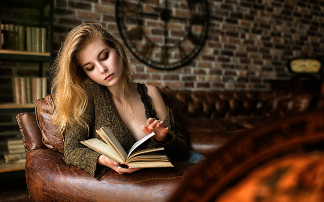 Woman reading couch library blurry free wallpaper for desktop - medium preview image
