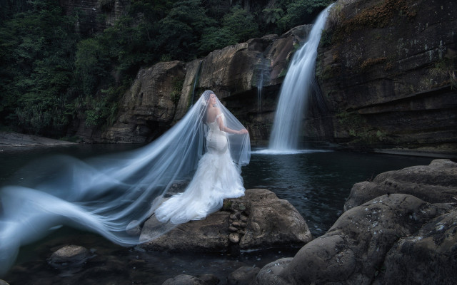 Woman wedding dress waterfall rock free wallpaper for desktop - medium preview image