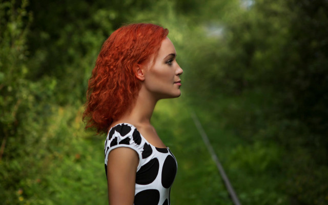 Woman red hair train track #2 free wallpaper for desktop - medium preview image