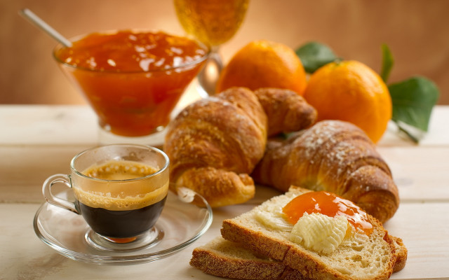 Bread coffee oranges stilllife surrealism free wallpaper for desktop - medium preview image