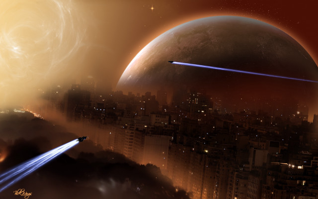 Futuristic city moon stars aurora free wallpaper for desktop - medium preview image