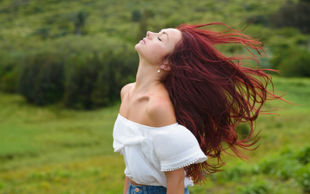Woman red hair field sky free wallpaper for desktop - medium preview image
