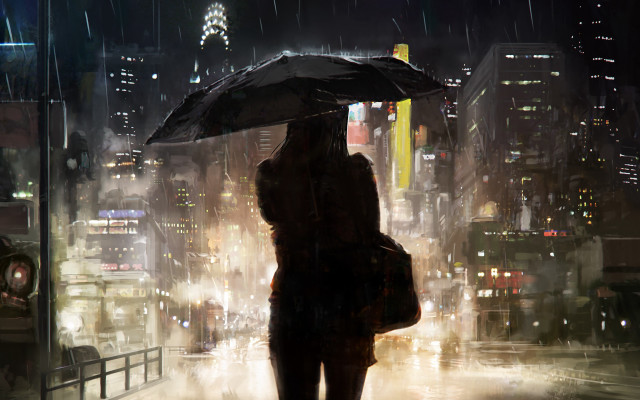 Rainy cityscape night umbrella cyberpunk free wallpaper for desktop - medium preview image