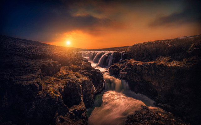 Waterfall sunset river mountains cityscape free wallpaper for desktop - medium preview image