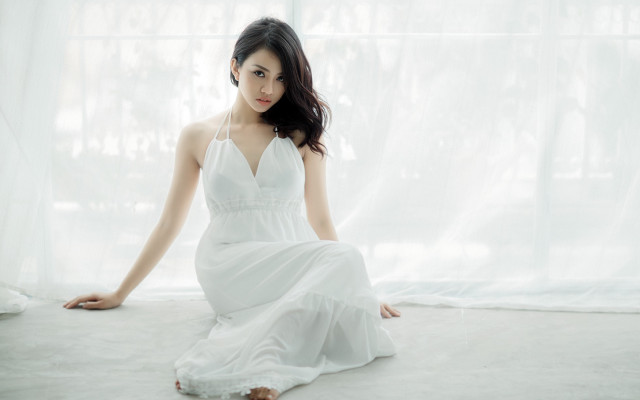 Woman white dress sitting window #2 free wallpaper for desktop - medium preview image