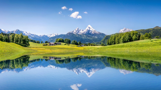 Lake mountains grassy field house free wallpaper for desktop - medium preview image