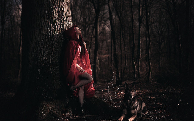 Woman red kimono forest dog free wallpaper for desktop - medium preview image