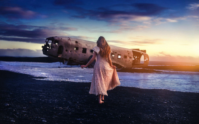 Girl beach old plane sunset free wallpaper for desktop - medium preview image