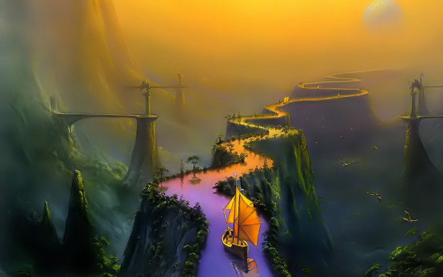 Rainy path umbrella yellow sky free wallpaper for desktop - medium preview image