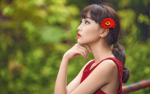Woman flower hair red dress free wallpaper for desktop - medium preview image