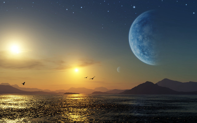 Moon star planet water bird free wallpaper for desktop - medium preview image