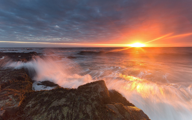 Sunset ocean waves rocks bridge free wallpaper for desktop - medium preview image