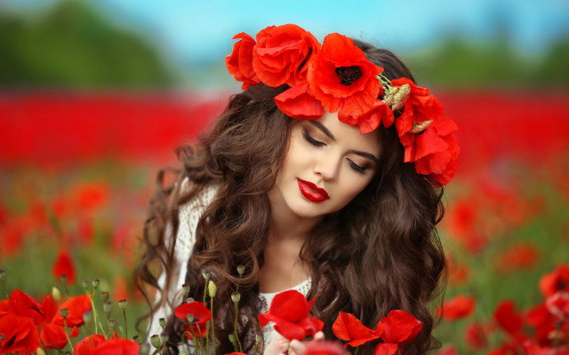 Woman red flower wreath field free wallpaper for desktop - medium preview image