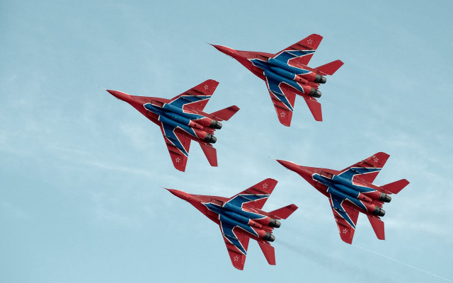 Three red blue jets flying free wallpaper for desktop - medium preview image