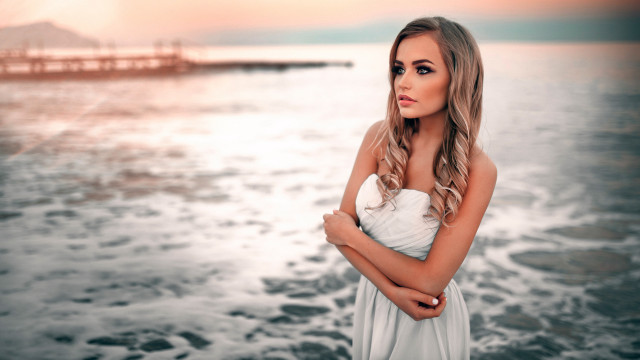 Woman white dress ocean crossed free wallpaper for desktop - medium preview image
