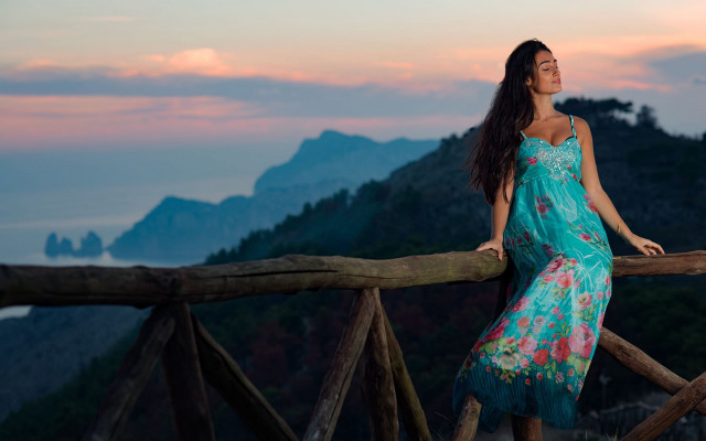 Woman bridge mountains sunset fashion free wallpaper for desktop - medium preview image