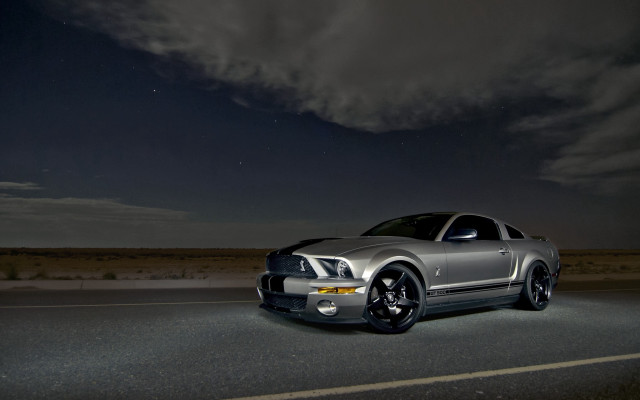 Silver mustang night road dark free wallpaper for desktop - medium preview image