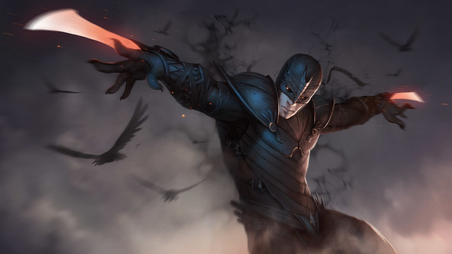 Blue suit man sword birds free wallpaper for desktop - medium preview image