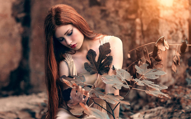 Woman redhair plant closedeyes cinematic free wallpaper for desktop - medium preview image