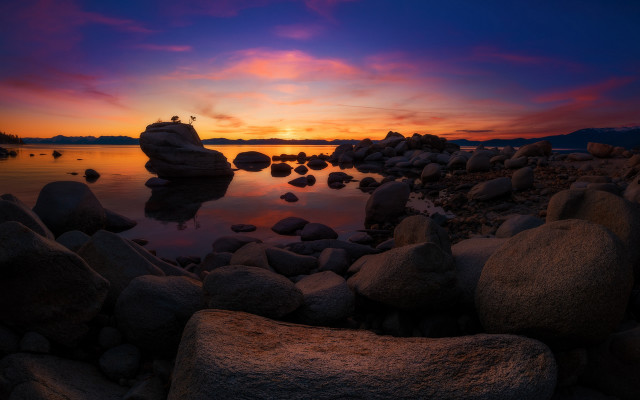 Sunset lake rocks birds cloudy free wallpaper for desktop - medium preview image