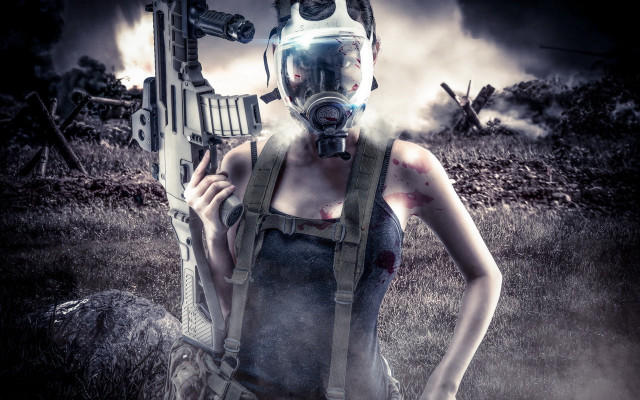Woman gas mask gun field free wallpaper for desktop - medium preview image