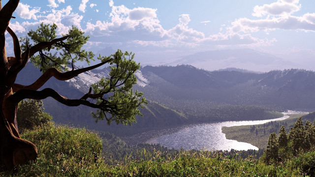 Lake mountains tree sky bush free wallpaper for desktop - medium preview image