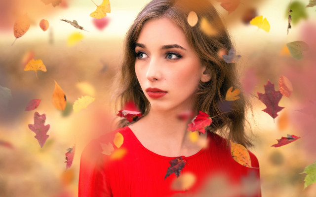 Woman red dress leaves autumn free wallpaper for desktop - medium preview image