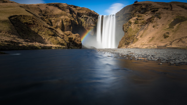 Waterfall rainbow river rocks grass free wallpaper for desktop - medium preview image