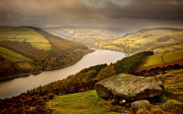 Lush hillside rock lake forest free wallpaper for desktop - medium preview image