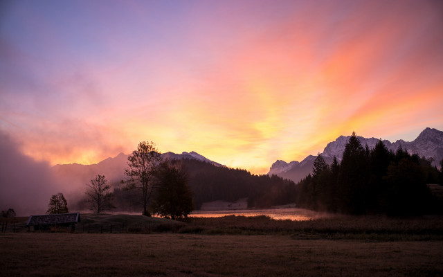Sunset mountain lake bench forest free wallpaper for desktop - medium preview image