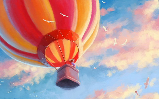 Hot air balloon birds sky free wallpaper for desktop - medium preview image