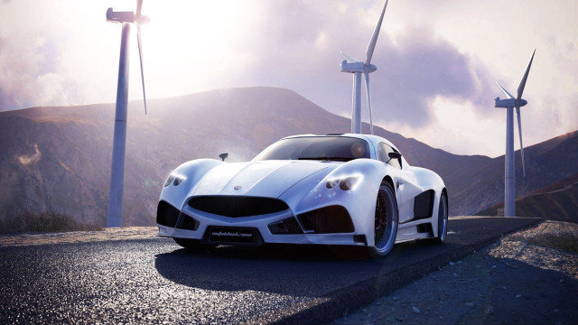 White sports car wind turbines free wallpaper for desktop - medium preview image
