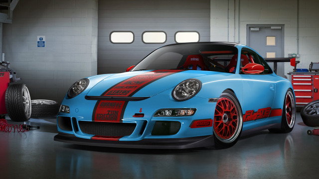 Blue car garage red toolbox free wallpaper for desktop - medium preview image