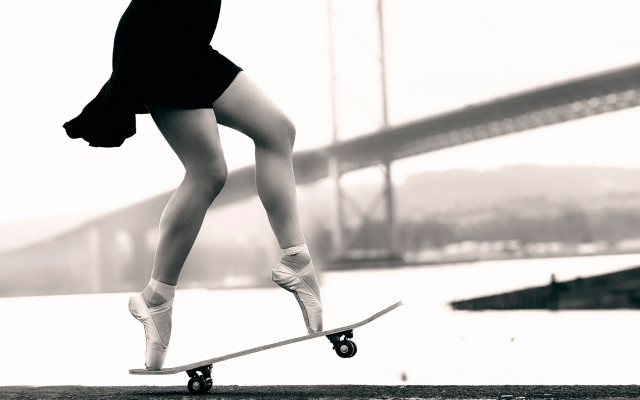 Woman skateboard bridge blackandwhite athletic free wallpaper for desktop - medium preview image